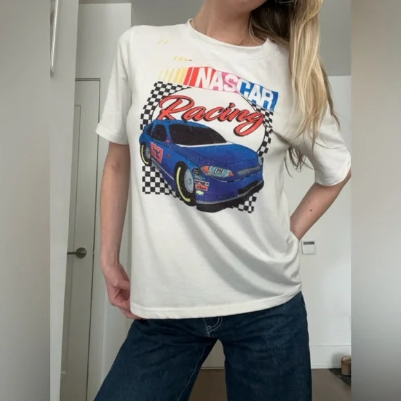 NASCAR Racing Graphic Tee White Checkered Flag Car Shirt - Picture 2 of 3